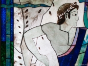 Etruscan motif art glass in a bathroom