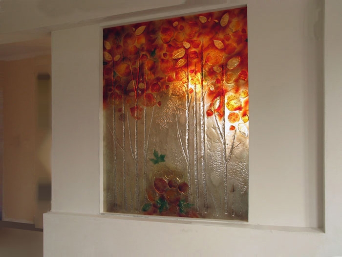 Art glass panel with the autumn leafs motif