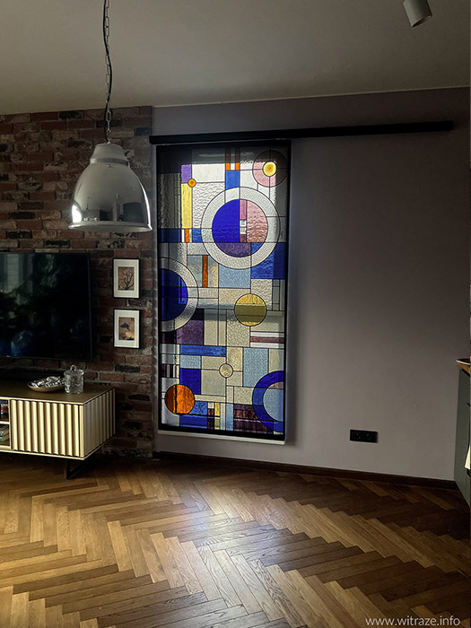 witraz w przesuwnej ramie warszawa praga geometryczny1