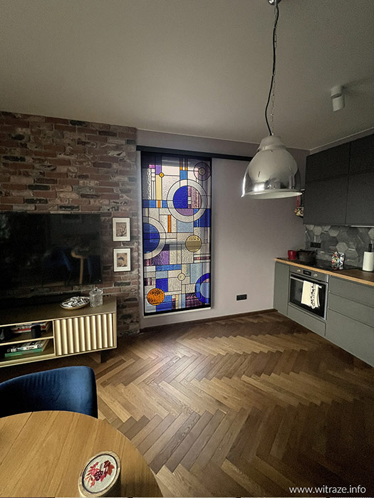 witraz w przesuwnej ramie warszawa praga geometryczny2