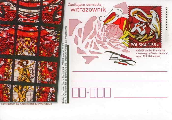 Poczta Polska: kartka pocztowa - Witrażownik z naszymi witrażami