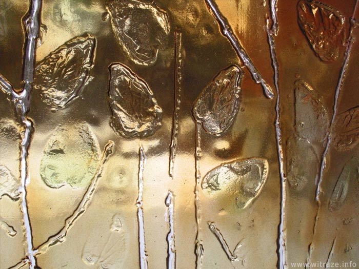 Ściana szklana artystyczna ze złotym motywem roślinnym
