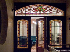 Double door Art Nouveau style stained glass inlay with the bevelled glass elements