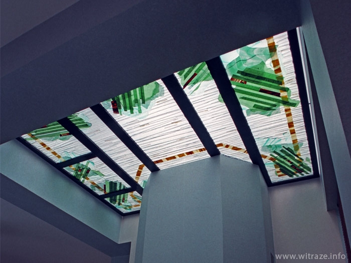 Art glass skylight over the fireplace