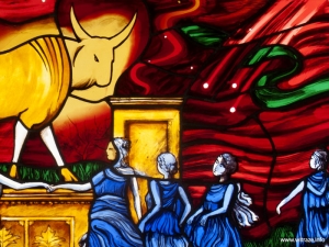 The Golden Calf - stained glass panel in the &quot;Communion Bar&quot;