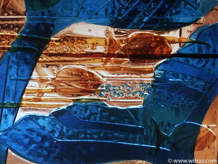 Art glass wall - marine motifs decorated element of the water cascade