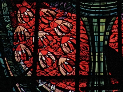 Stained glass windows in Gods&#039;s Mother Queen of Poland Church in Anin