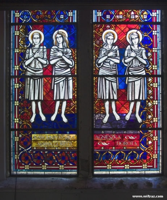 Saints woman: Karolina Kozka, Maria Goretti, Dorota,  Agnieszka - stained glass windows in Pila Church