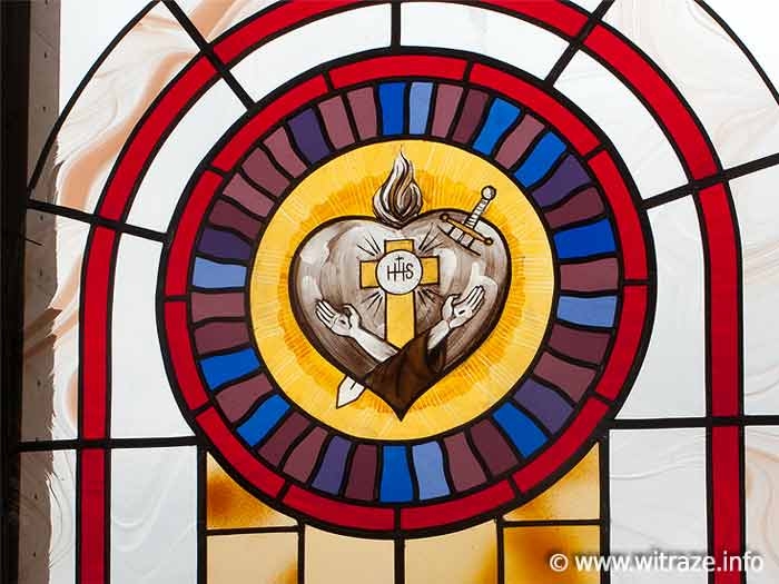 Stained glass windows in chapel of Lubartow home for aged and diposed persons