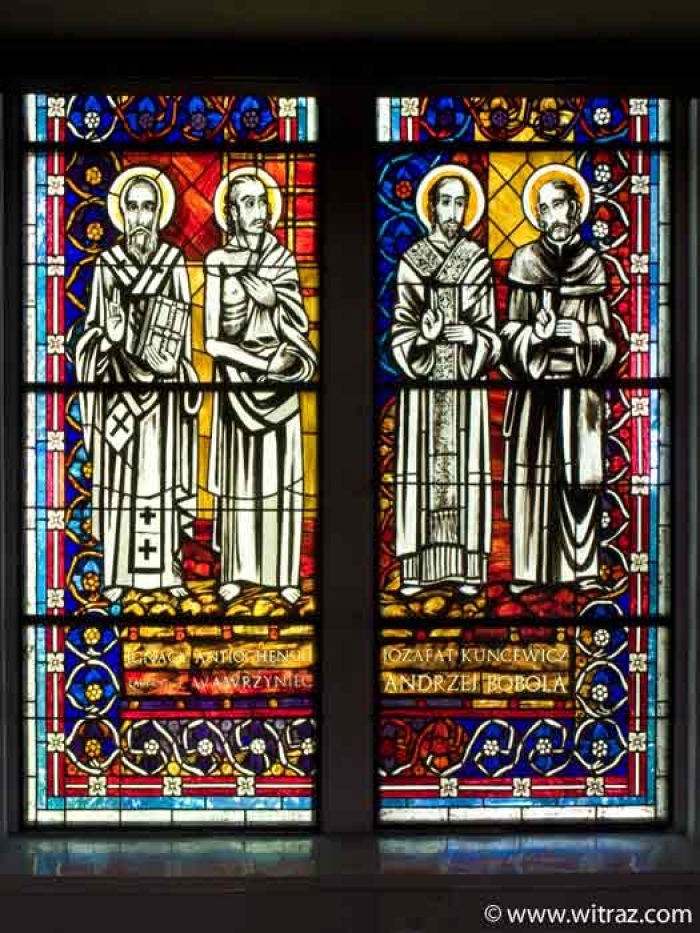 Saints: Ignacy Antiochenski, Wawrzyniec, Jozafat Kuncewicz, Andrzej Bobola - stained glass windows in Pila church