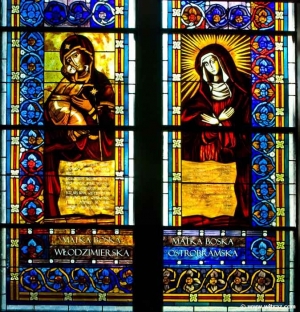 Virgin Mary Wlodzimirska and Virgin Mary from Ostra Brama - stained glass windows in Pila church