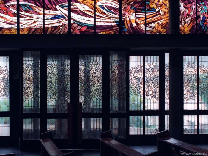 Stained glass windows with Virgin Mary motifs in Anin Church