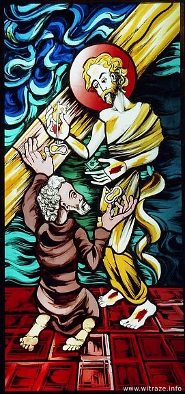 Okno 12 - obraz 6 - Jezus tchnący Ducha Świętego na apostołów i wręczający klucze Królestwa Piotrowi.