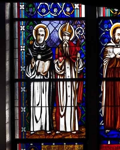 Saints Doctors of Church: Thomas Akvin, Augustyn Hippona, John from the Cross, Ignacy Loyola - stained glass windows in Pila church